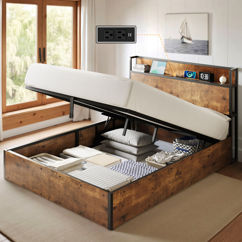 Structure de lit grand avec rangement Tryston, brun rustique, Brun rustique, Grand lit
