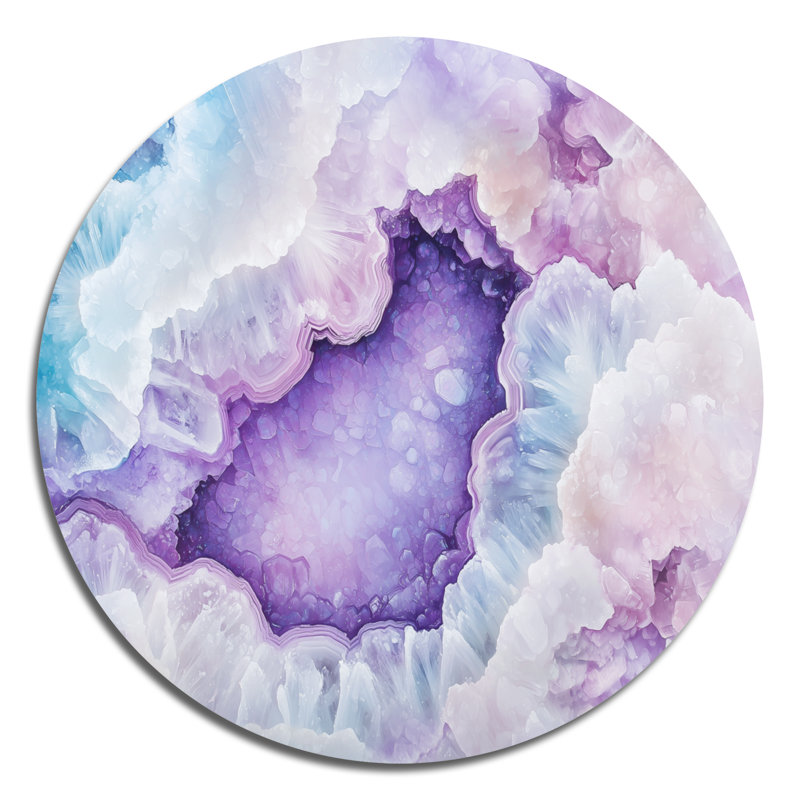 Géode de cristal mauve bleu - art mural rond moderne abstrait, cristaux de géode, art mural rond en métal, H 29 po x l 29 po