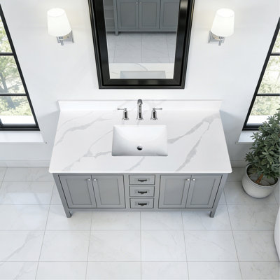 Comptoir de salle de bain en quartz de 49 po, lavabo central encastré à simple cuve de 3/4 po d'épaisseur, dosseret de 4 po de hauteur, 3 trous de robinet pré-percés, résistant aux taches et à la chaleur, quartz blanc de Carrare avec veines