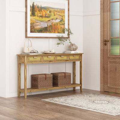  Abrytha 60“ Farmhouse Long Console Table with 4 Rattan Drawers and Shelf,Entry Table for Entryway
