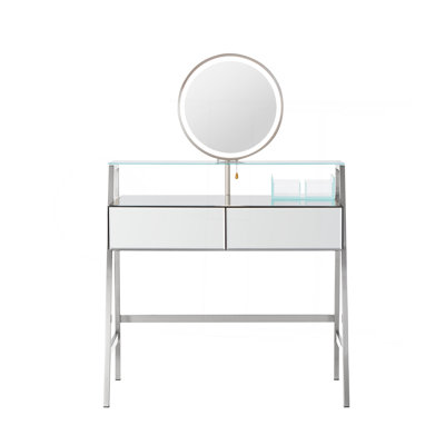 33.9" Mirrored Makeup Vanity Desk With Mirror And Lights, Mirrored Console Vanity Table With 2 Big Drawers & Open Shelf, Dressing Table With Charging Station For Bedroom, Silver