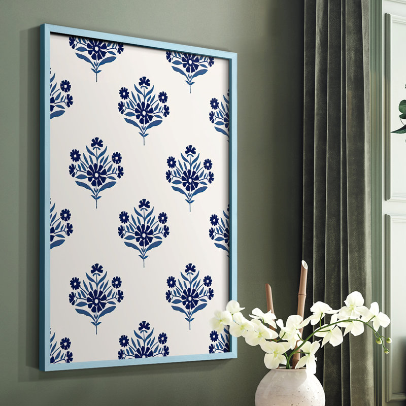 Motif de fleurs indigo I, reproduction encadrée - bois massif, Cadre simple bleu, H 10 po x l 8 po