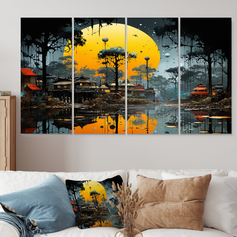 «Yellow African Pygmy Village Chronicles I», art tribal africain 4 pièces, H 28 po x l 48 po