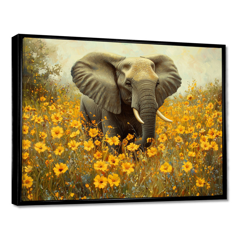 Éléphant de Gulbranson dans les prairies fleuries - éléphant, art mural, H 34 po x l 44 po, Noir