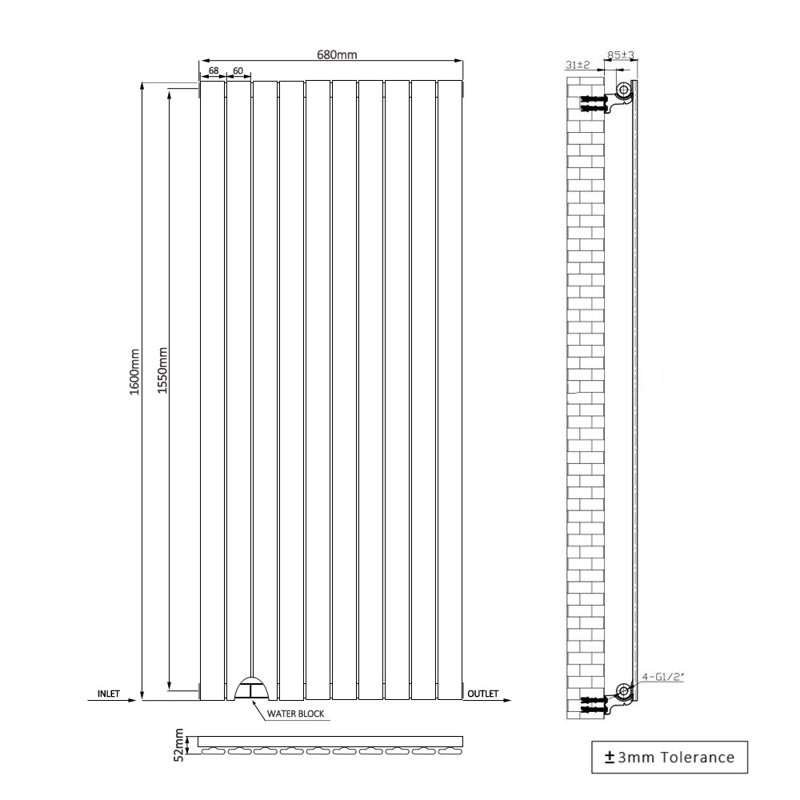 Briscoe Vertical Single Flat Panel Radiator, 160cm H x 68cm W x 5.2cm D, Black