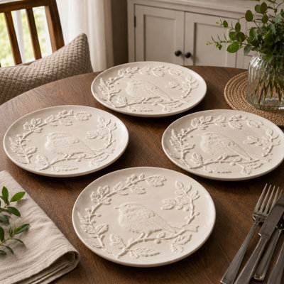 Set of 4  White Floral Bird Dessert Plates