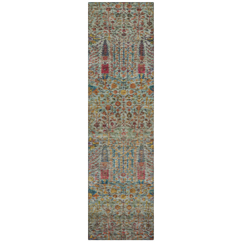 Machine Washable Indoor/Outdoor Xhevrie Green Rug, Runner 2'3" x 7'6"