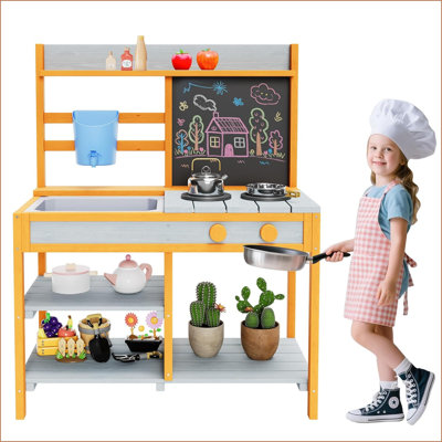 Outdoor Wood Mud Kitchen for Kids, Wooden Play Kitchen w/Removable Sink & Faucet, Dual-Sided Chalkboard, Storage Shelves＆Pretend Stove, Fir Wood Backyard Playset for Children Ages 3+