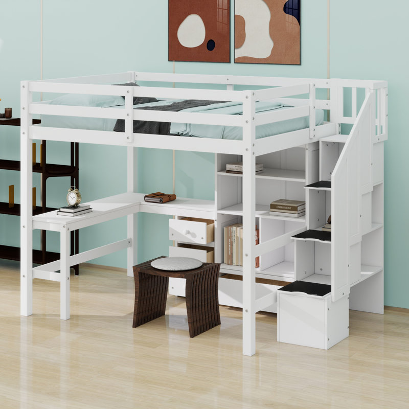Lit mezzanine avec bureau en L et tiroirs, armoire et escalier de rangement