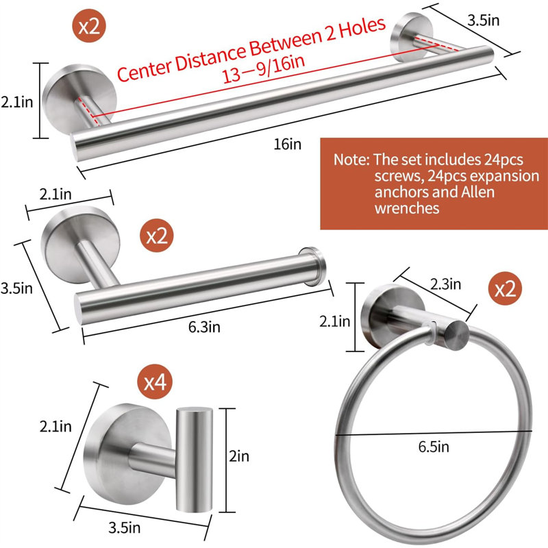 10-Piece Bathroom Accessory Kit with 16'' Towel Bars, Towel Rings, Toilet Paper Holders and Robe Hooks, Brushed Nickel