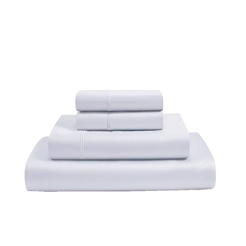 400TC Luxurious Double Embroidery Sateen Solid Cotton 4 Piece Sheet Set Fitted Sheet Fits Upto 16" Deep Pocket, White