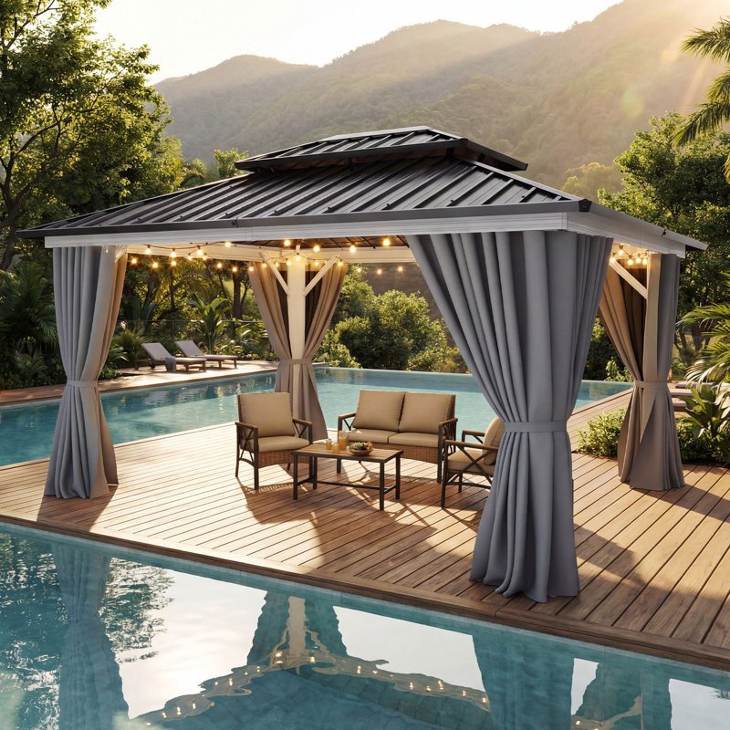 12' X 10' Aluminum Hardtop Gazebo – Double Roof Design with Weather-Resistant Canopy, Gray Curtains, White, 12 ft x 10 ft