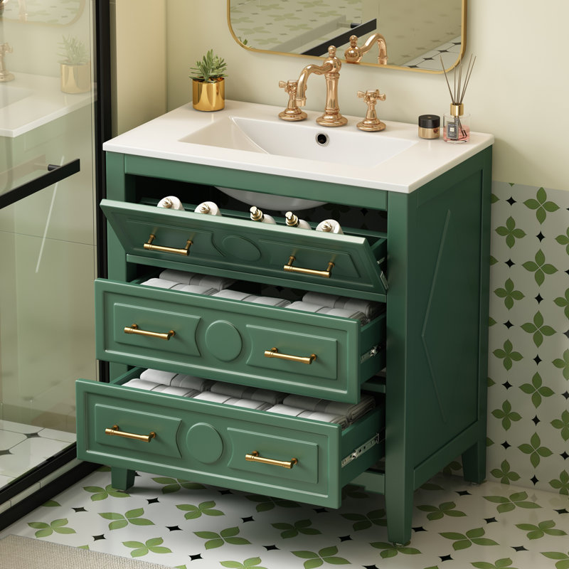30'' Bathroom Vanity With Ceramic Sink Combo, Free Standing Single Vanity Set With 3 Drawers, Solid Wood Frame Bathroom Storage Cabinet, Green