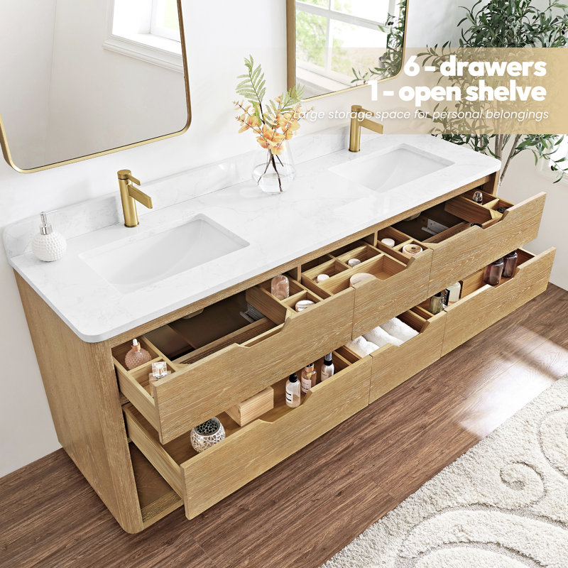 Meuble-lavabo double 72 po avec plateau en pierre blanche Kaiser, H 122 cm x l 81 cm