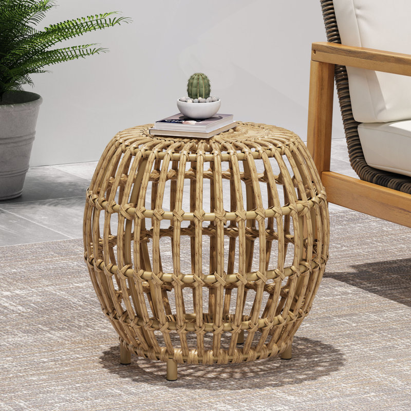 Faux Rattan Weave Accent Table for Indoor and Outdoor Use, Handcrafted Round Side Table for Living Room, Patio, and Garden