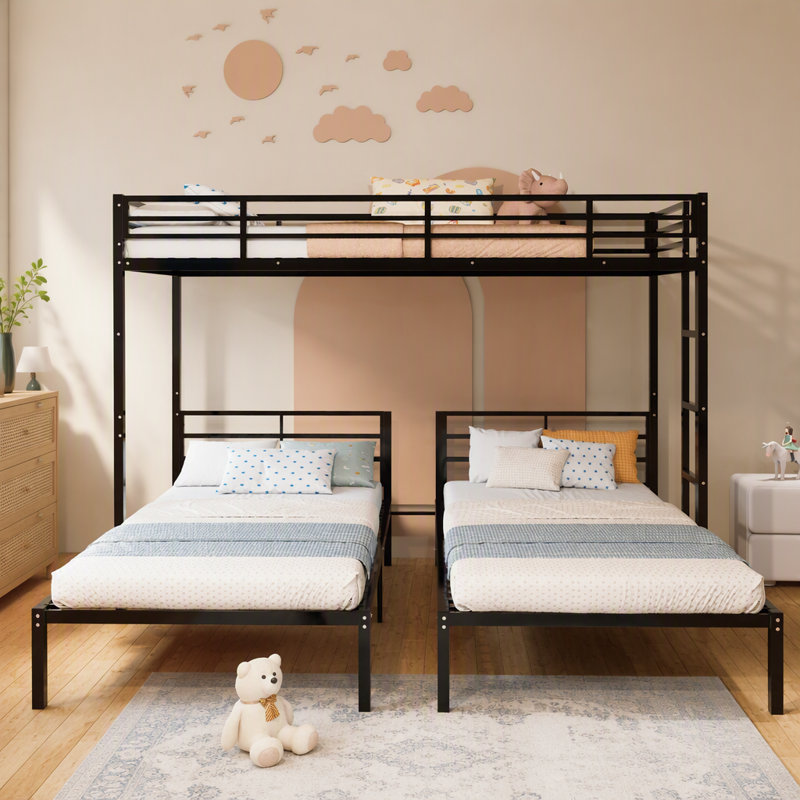 Triple lit superposé pour enfants, 3 lits superposés pour 3 personnes, lits superposés en métal triple, se sépare en 3 lits simples, structure à bruit réduit, noir