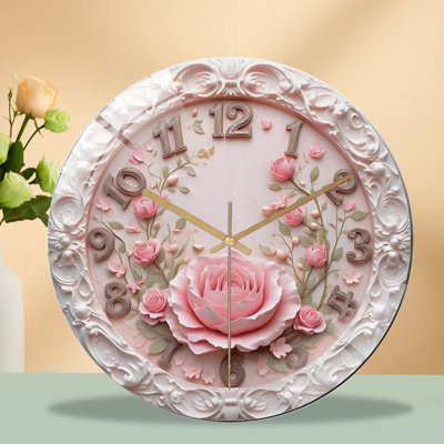 Pink-Rose-Clock-Face-With-Ornate-Border Art - 12'' Modern Glass Wall Clock