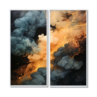 Gris et orange polaire, éclat de fumée II - art mural abstrait 2 pièces