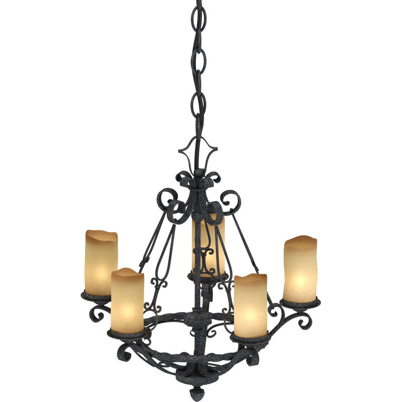 Sayles 5-Light Indoor Antique Hand-Forged Wrought Iron Hanging Chandelier with Candle-Shaped Sandstone Glass Shades
