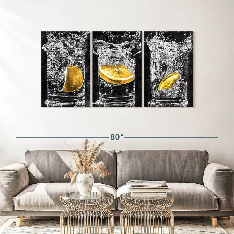 Ensemble de 3 impressions sur toile Lemon Water Pop, H 30 po x l 62 po x P 1,25 po