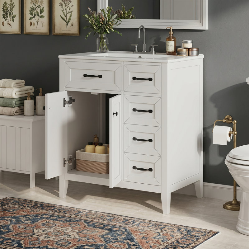 Meuble-lavabo 30 po avec lavabo en céramique, armoire en bois de pin massif avec 3 tiroirs et portes à fermeture en douceur, style table d'appoint moderne - blanc