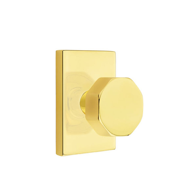 Privacy Octagon Knob with Modern Rectangular Rose, Unlacquered Brass