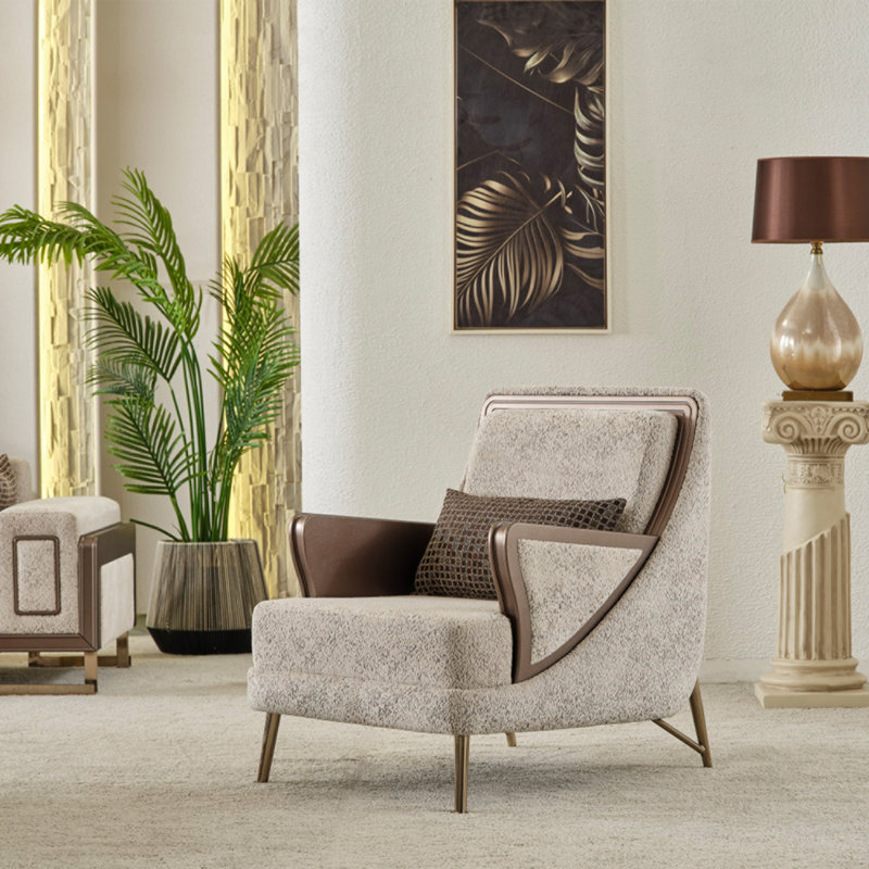 Beige and Brown Textured Fabric 5-Piece Living Room Set with Gold Metal Legs