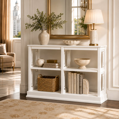47" Solid Acacia Wood Console Table - 3-Tier Entryway Sofa Table with CNC Cutout Details - Clean White Finish