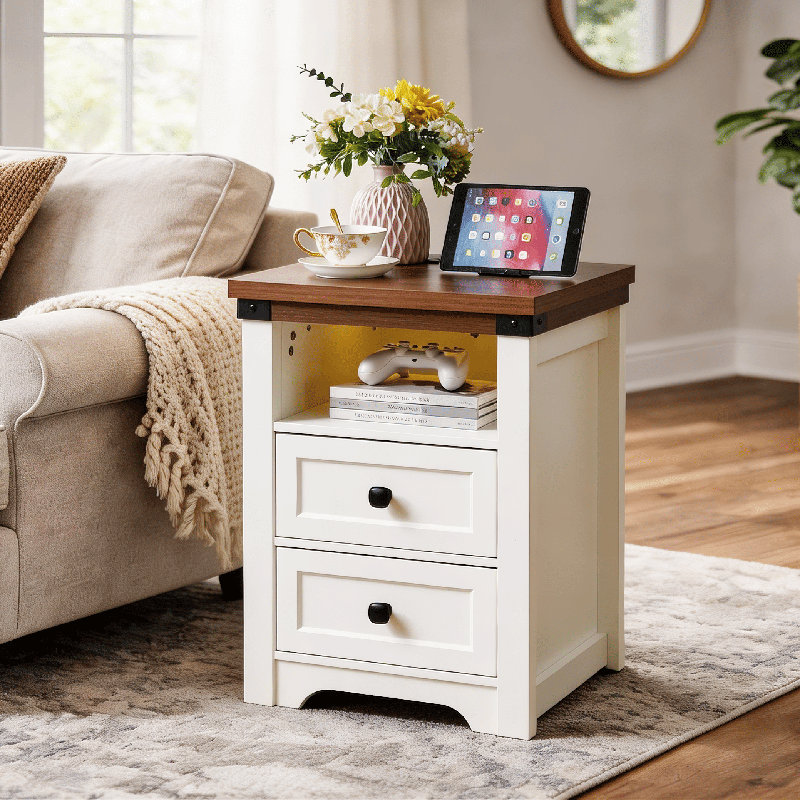 Bedroom Nightstand with Built-In Charging Station and LED Accent Light
