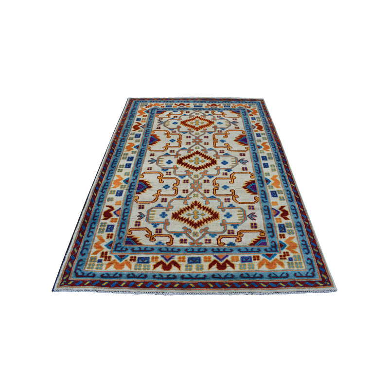 Tapis de zone en laine ivoire/bleu 5 pi 8 po x 7 pi 8 po one-of-kind-noué la main