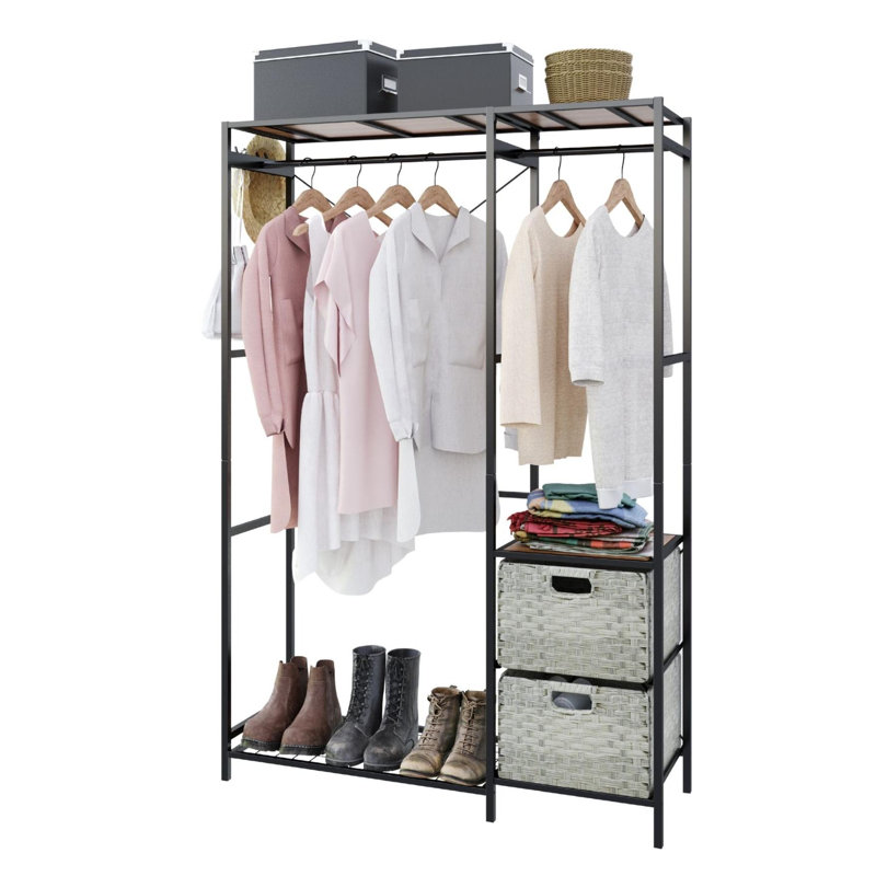 Porte-vêtements avec tablettes 2 tiroirs en osier et 4 crochets organisateur de placard robuste pour suspendre les vêtements