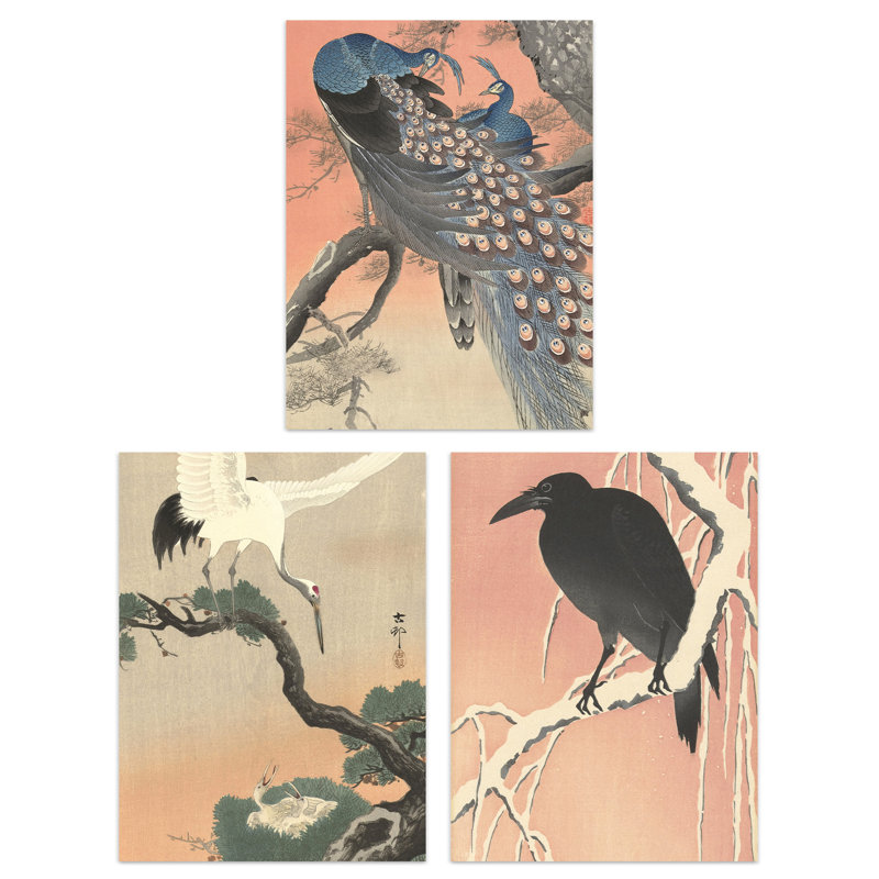 Aeara Kacho-e Crow Crane Peacock Paintings - 3 Piece No Frame Print, 29.7" H x 21" W x 0.4" D
