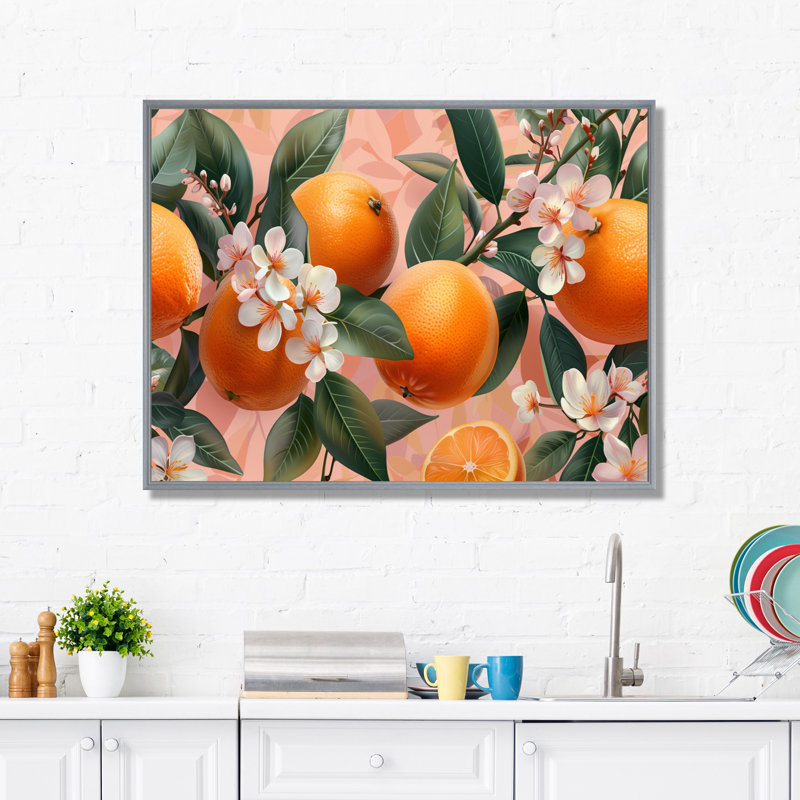 Impression d'art mural jaune, rose, floral, orange, arbres IV, Encadrement argenté, H 34 po x l 44 po
