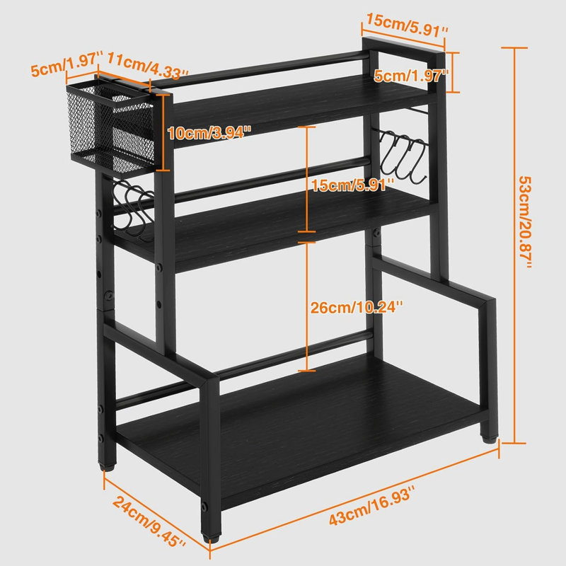 Grey Kitchen Spice Rack with Wire Basket, Countertop Shelf for Cabinet, Desktop Organiser with 6 Hooks, Black