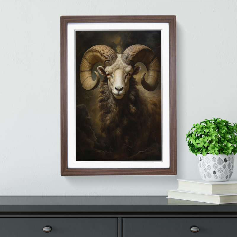 Ram Sheep Classicism Art - Framed Print, 64cm H x 46cm W x 2cm D, Walnut