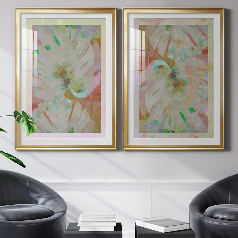 Retro Palms I - ensemble de 2 reproductions d'art, Blanc, H 26,5 po x l 73 po x P 1,5 po, Papier encadré doré