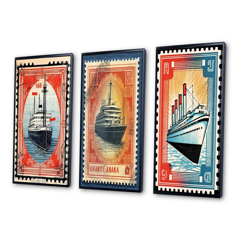 «Vintage Post Stamo RMS TItanic», 3 pièces sur toile, Cadre flottant noir, H 20 po x l 36 po