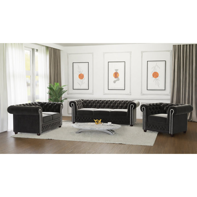 Chesterfield Hanna Sofa Set 3+2+1 Made of Velvet Fabric with Solid Wood Legs, Black