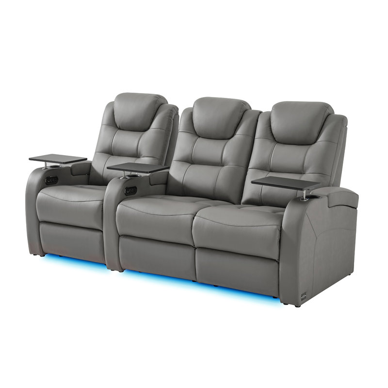 Double fauteuil inclinable de cinéma maison en cuir fleur avec ports USB et de type C, Cuir véritable gris