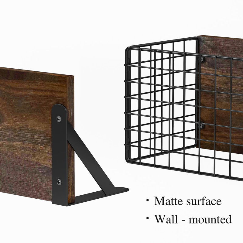 Rustic Wall Shelf Set With 2 Metal Baskets - Versatile 4-Tier Storage For Any Room, Walnut