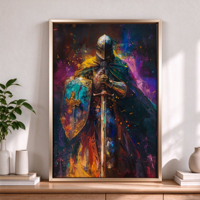 Knight in Armor With a Sword, Framed Canvas Wall Art, Beige Frame, 16 x 24 Inch