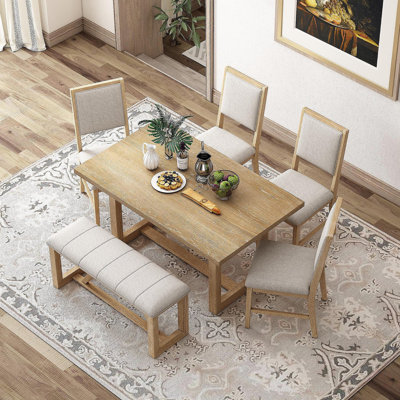 Ensemble de table de salle à manger 6 pièces pour 6 personnes, table de cuisine en bois de 60 po et 4 chaises avec banc et base en tréteaux pour la cuisine et la salle à manger (naturel)