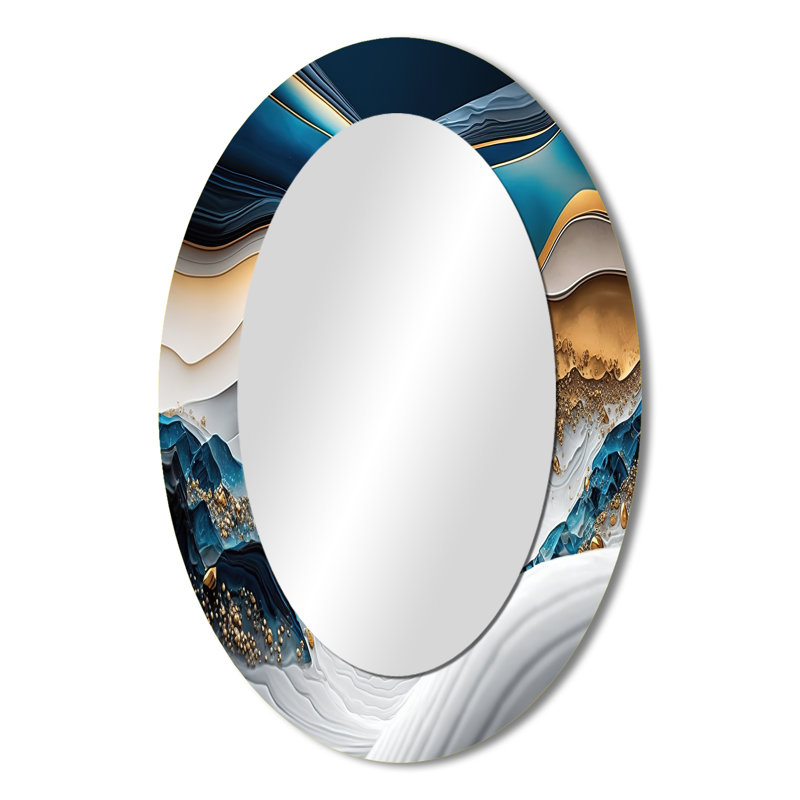 Abstract Geode Waves Blue II - Blue Modern Oval Wall Mirror, 36" x 24"
