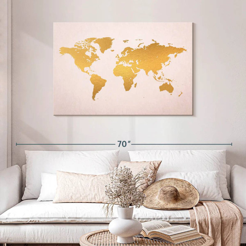 Or Aliaz sur une carte du monde rose, H 30 po x l 45 po