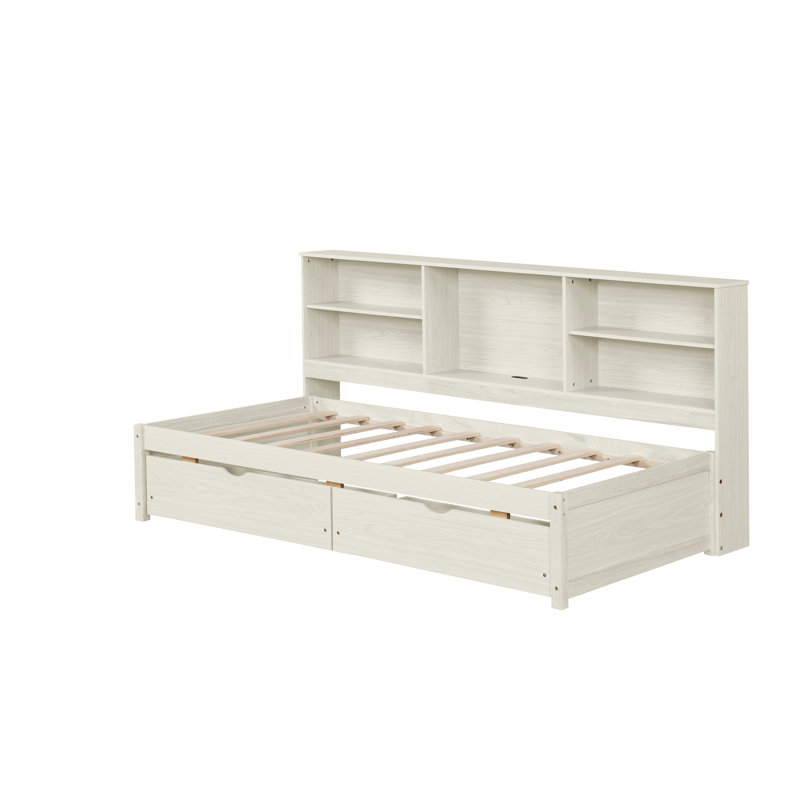 Twin Size Bed Frame With Side Bookshelves, Two Drawers, And Built-In Usb Port, Creamy White