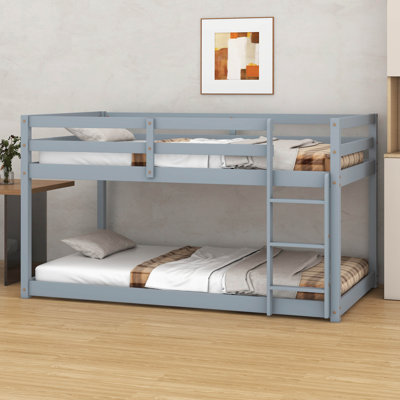 Twin Over Twin Floor Bunk Bed – Ladder & Strengthened Slat Upper/Bottom Platforms