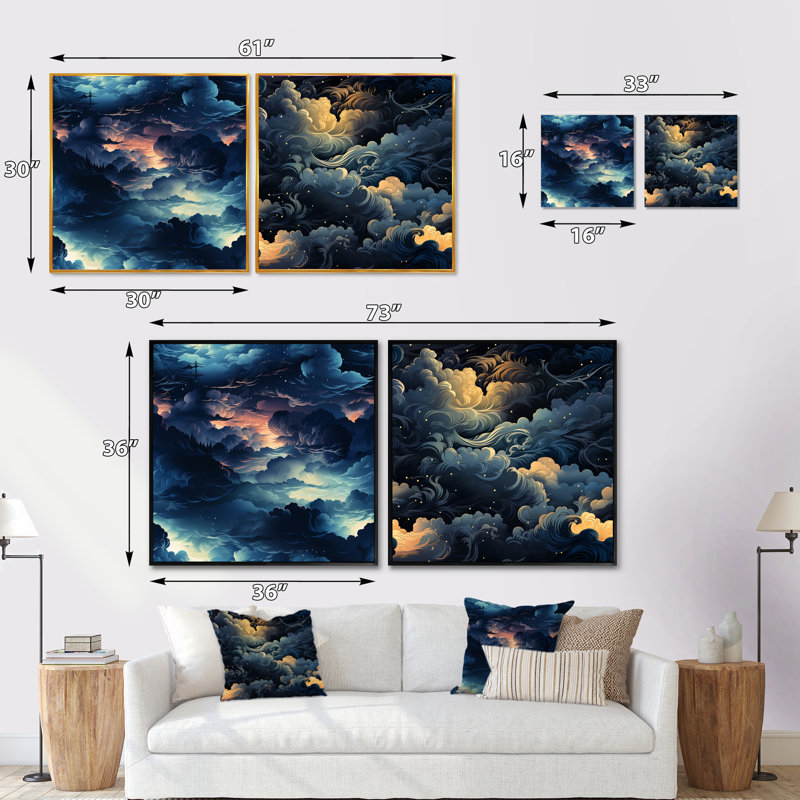 Noir Skies Moody Patterns - Ensemble de 2 collages carrés abstraits, Toile tendue, H 16 po x l 33 po