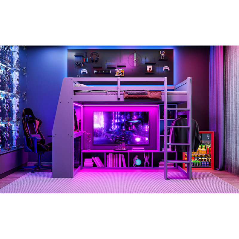 Lit mezzanine double en bois gris avec bureau, support à vêtements multicolore, à DEL et suspendu
