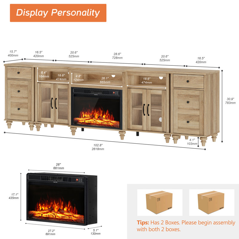 Corretta TV Stand, Home Entertainment Center With Electric Fireplace For Large TV Console With Charging Station