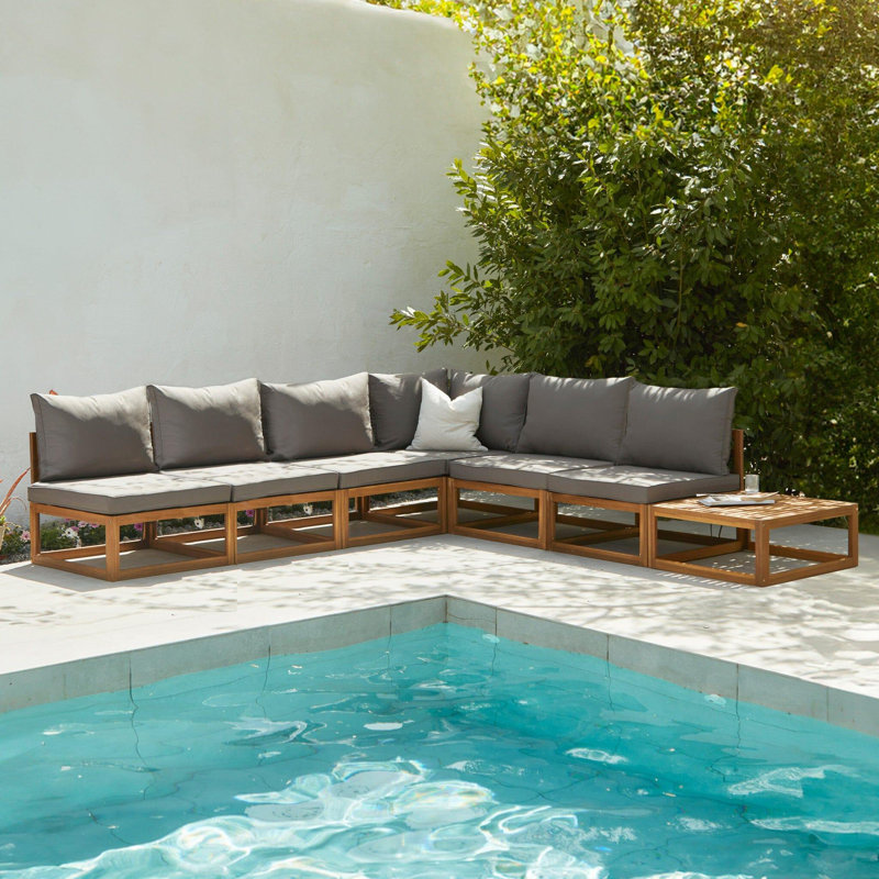 Rowan 6 Seater Wooden Garden Corner Sofa Set with Coffee Table - Grey, Grey